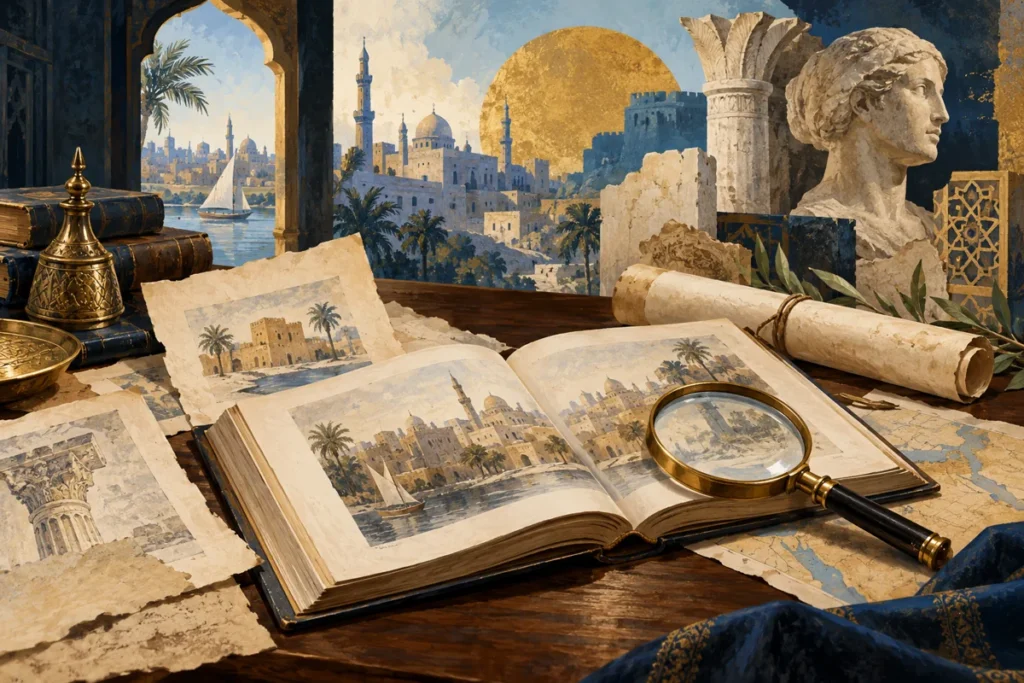 رسم توضيحي لكتاب وأوراق أرشيفية وعدسة مكبرة يرمز إلى البحث التاريخي